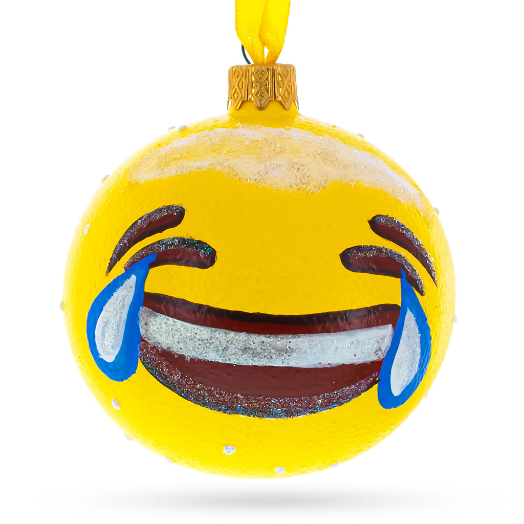 Glass Laughing Facial Expressions Blown Glass Ball Christmas Ornament 3.25 Inches in Yellow color Round