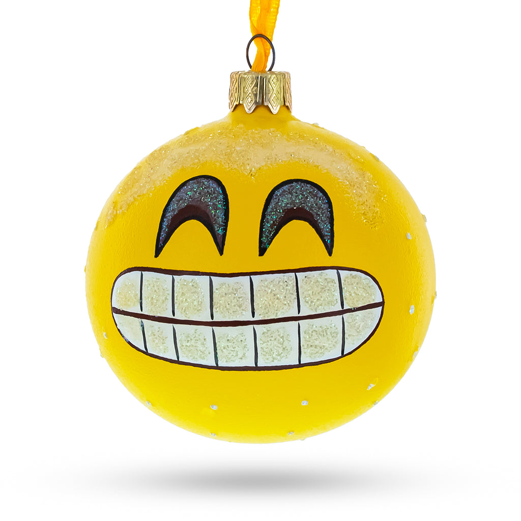 The Grin Facial Expressions Glass Ball Christmas Ornament 3.25 Inches in Yellow color Round
