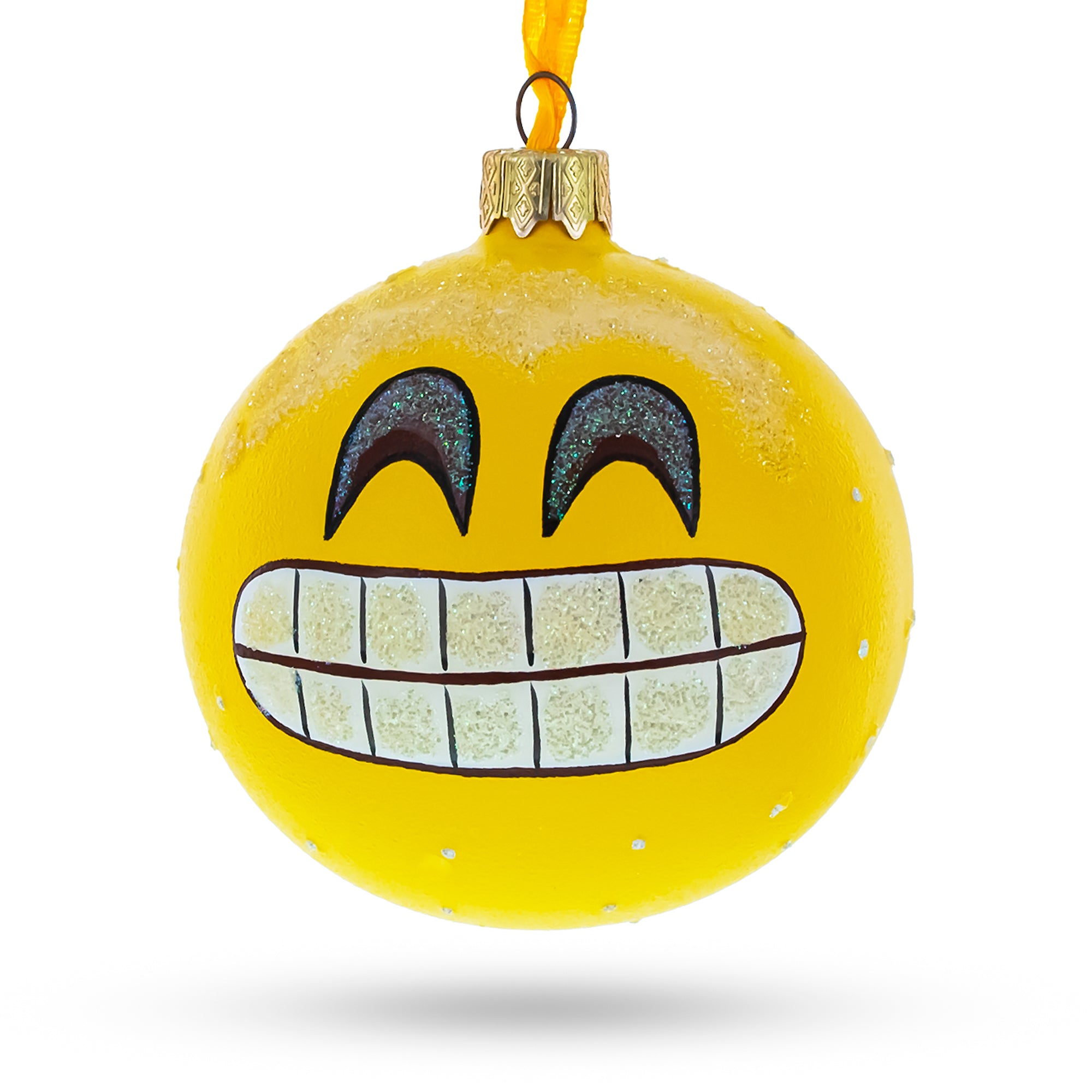 The Grin Facial Expressions Glass Ball Christmas Ornament 3.25 Inches in Yellow color Round