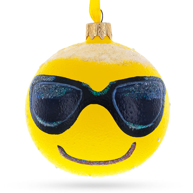 Cool Sunglasses: Facial Expressions Blown Glass Ball Christmas Ornament 3.25 Inches in Yellow color, Round shape