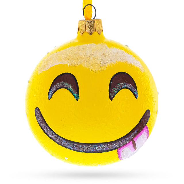 Indulging in Delight: Savoring Delicious Food Blown Glass Ball Christmas Ornament 3.25 Inches in Yellow color, Round shape