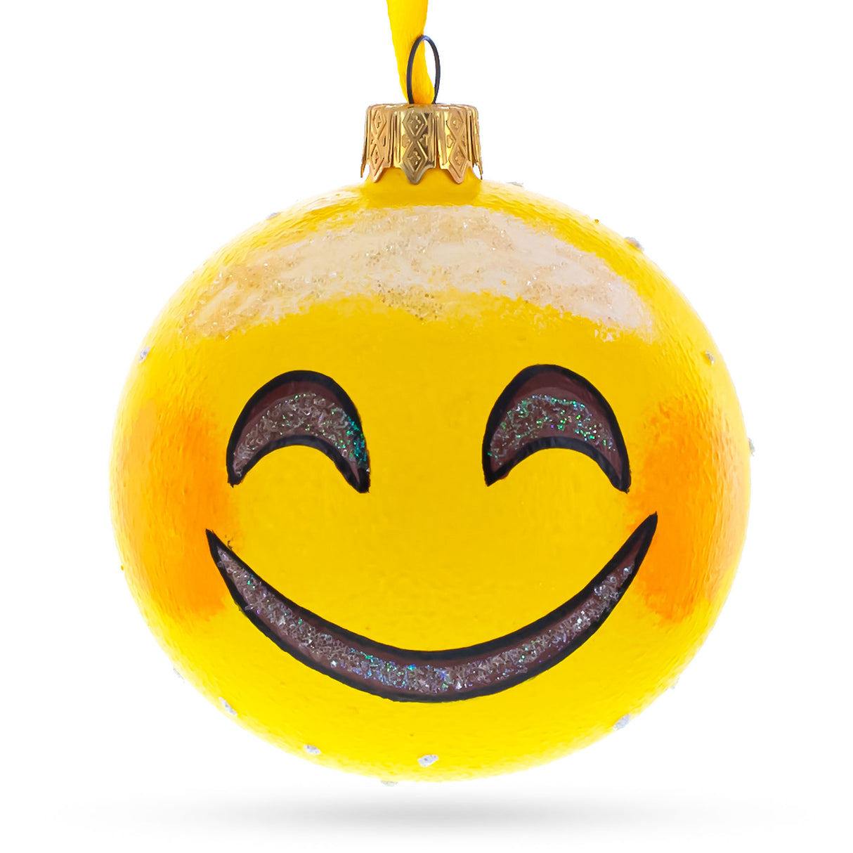 Radiant Smiling Face: Facial Expressions Glass Ball Christmas Ornament 3.25 Inches in Yellow color, Round shape