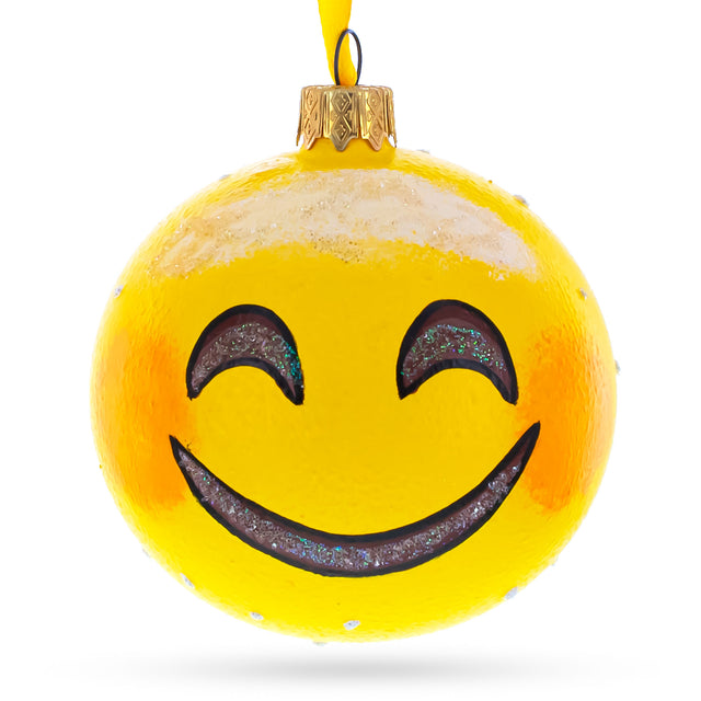 Glass Radiant Smiling Facial Expressions Glass Ball Christmas Ornament 3.25 Inches in Yellow color Round