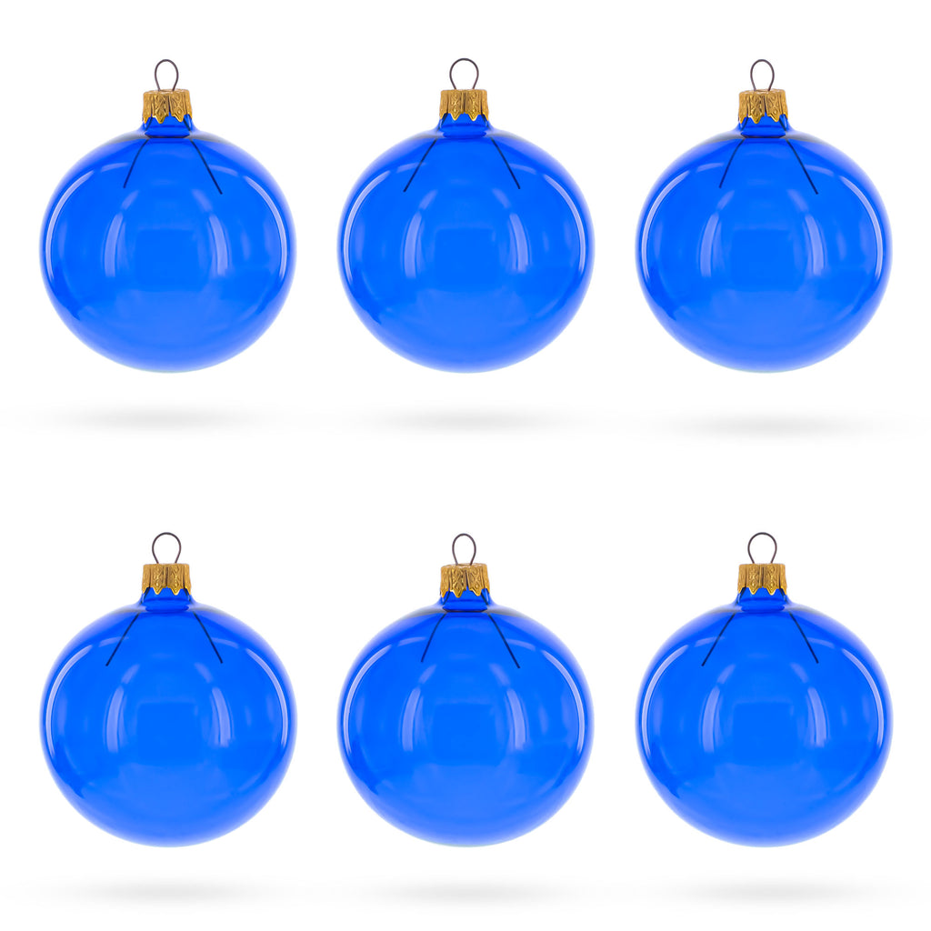 Set of 6 Translucent Glossy Blue Glass Ball Christmas Ornaments 3.25 Inches in Blue color Round