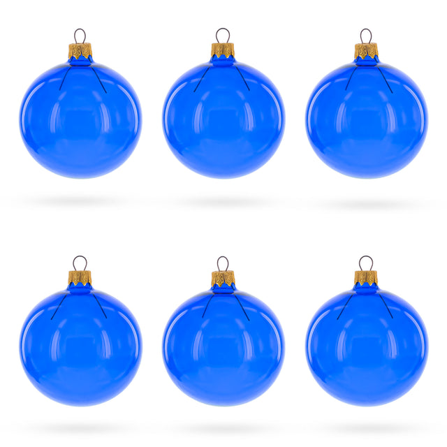 Set of 6 Translucent Glossy Blue Glass Ball Christmas Ornaments 3.25 Inches in Blue color Round