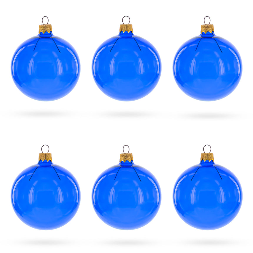 Set of 6 Translucent Glossy Blue Glass Ball Christmas Ornaments 3.25 Inches in Blue color Round
