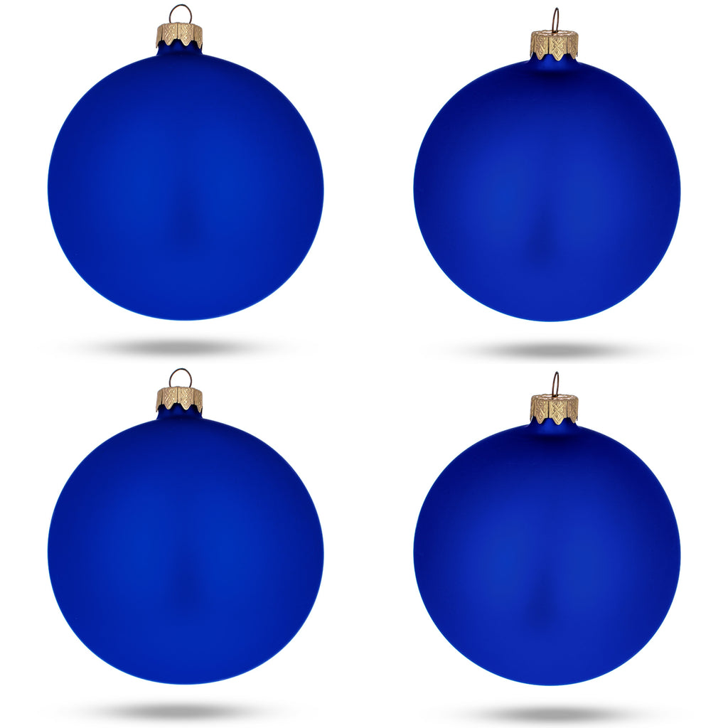 Set Of 4 Matte Blue Glass Ball Christmas Ornaments 4 Inches in Blue color Round