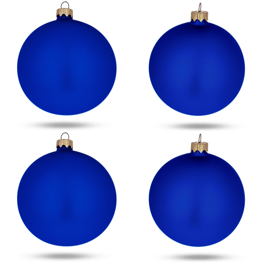 Set Of 4 Matte Blue Glass Ball Christmas Ornaments 4 Inches in Blue color Round