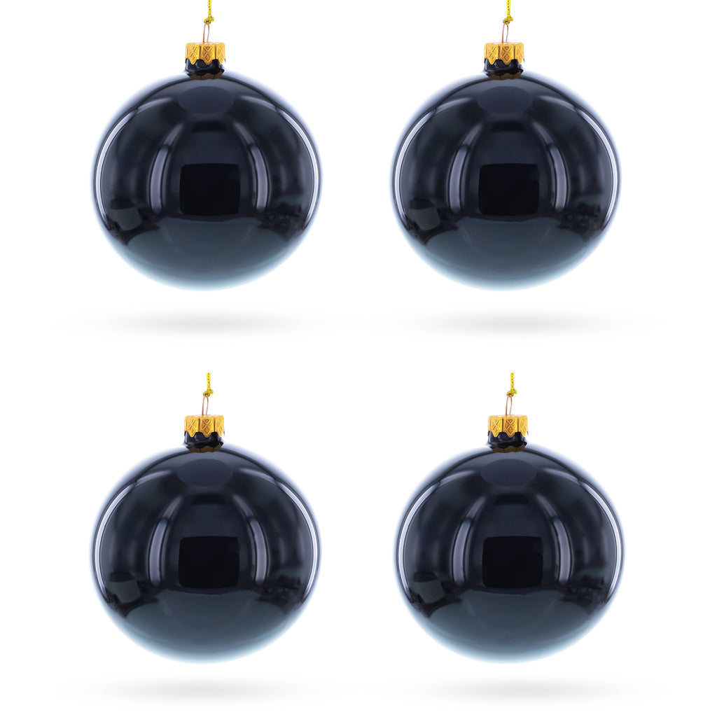 Set of 4 Glossy Black Glass Ball Christmas Ornaments 4 Inches in Black color Round
