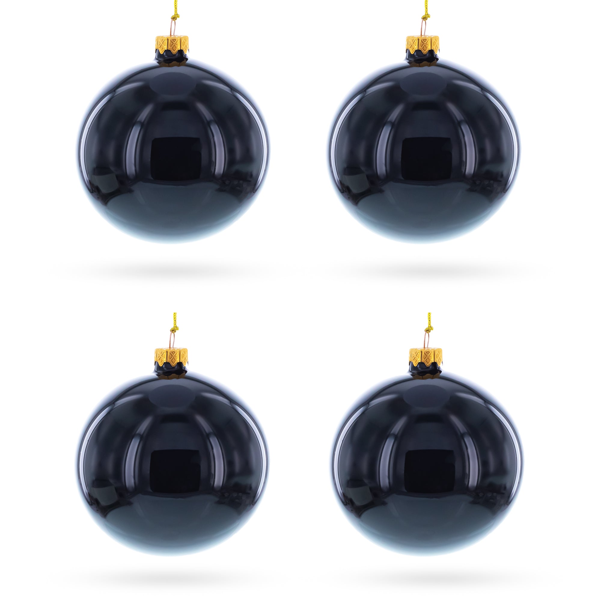 Set of 4 Glossy Black Glass Ball Christmas Ornaments 4 Inches in Black color Round