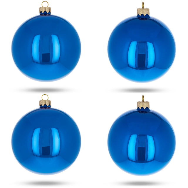 Set of 4 Glossy Blue Glass Ball Christmas Ornaments 4 Inches in Blue color Round