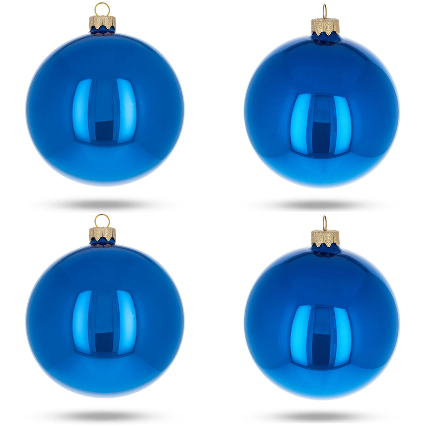 Set of 4 Glossy Blue Glass Ball Christmas Ornaments 4 Inches in Blue color Round