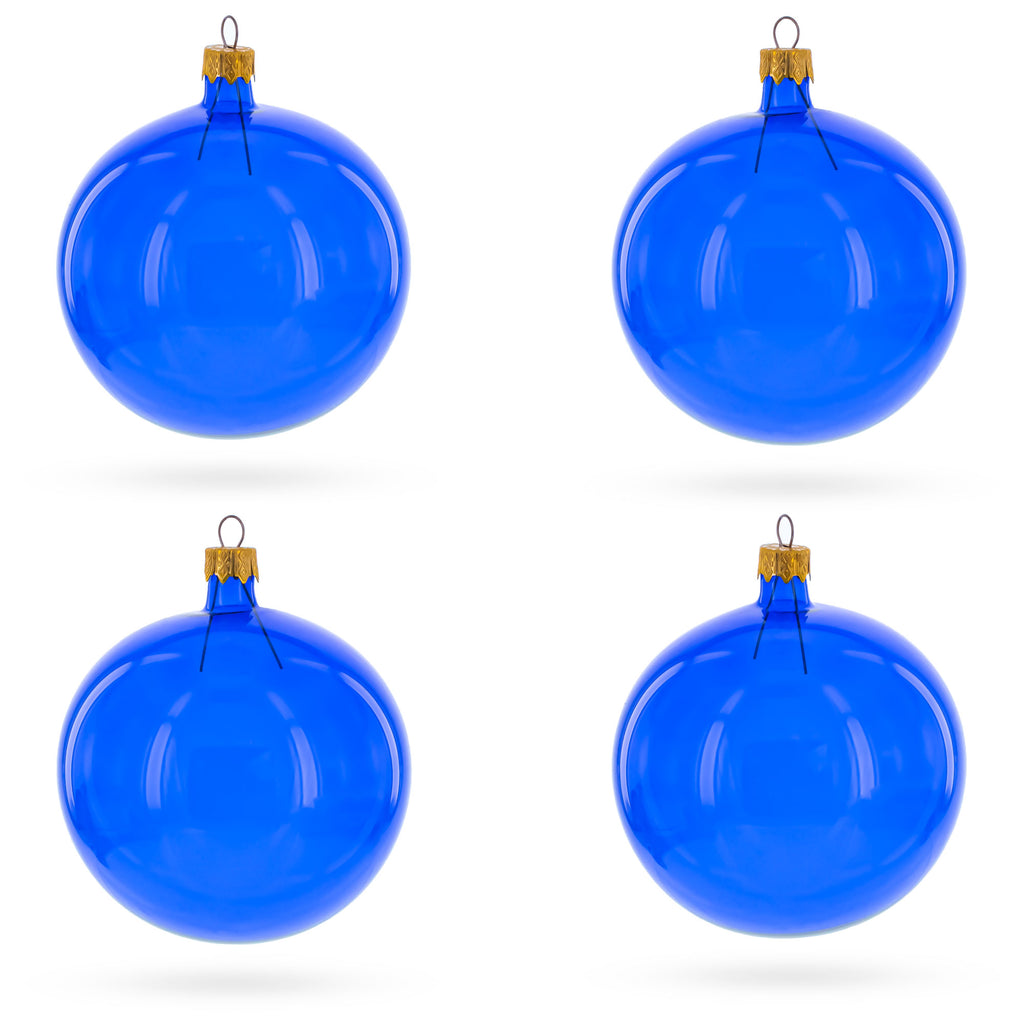 Set of 4 Translucent Glossy Blue Glass Ball Christmas Ornaments 4 Inches in Blue color Round
