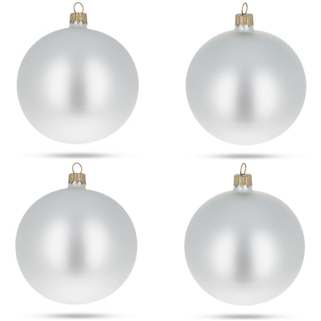 Set of 4 White Matte Glass Ball Christmas Ornaments 4 Inches in Silver color, Round shape