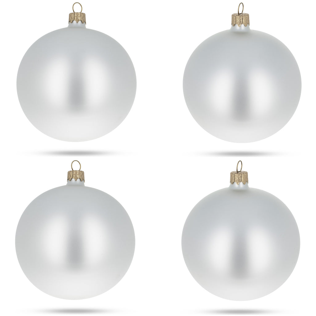 Set of 4 Matte White Glass Ball Christmas Ornaments 4 Inches in Silver color Round