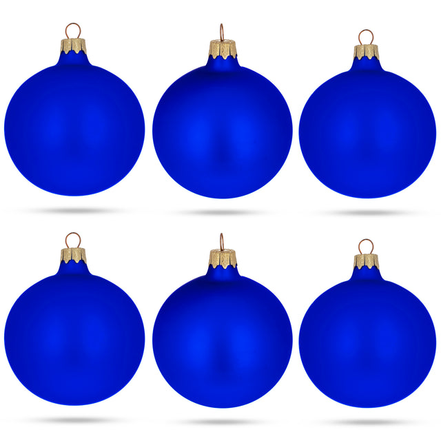Set of 6 Blue Matte Glass Ball Christmas Ornaments 3.25 Inches in Blue color Round