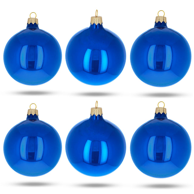Set of 6 Glossy Blue Glass Ball Christmas Ornaments 3.25 Inches in Blue color Round
