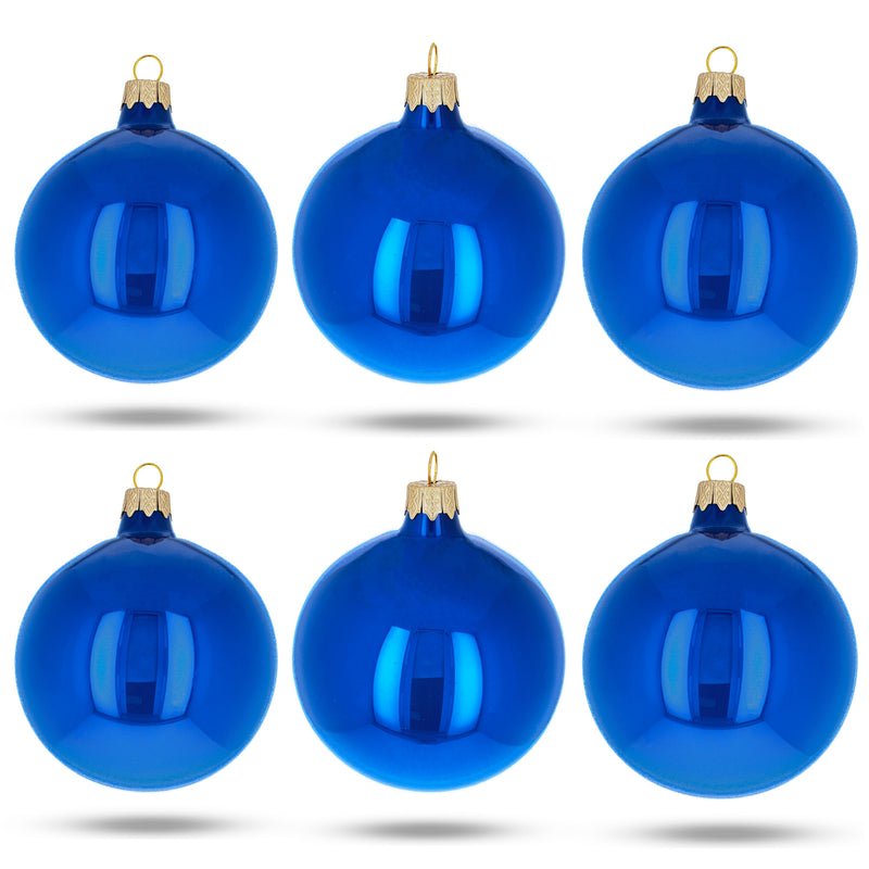 Set of 6 Glossy Blue Glass Ball Christmas Ornaments 3.25 Inches in Blue color, Round shape