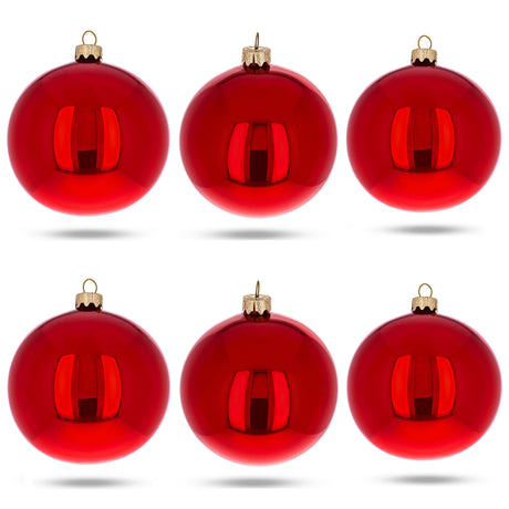 Set of 6 Red Glossy Glass Ball Christmas Ornaments 3.25 Inches in Red color, Round shape