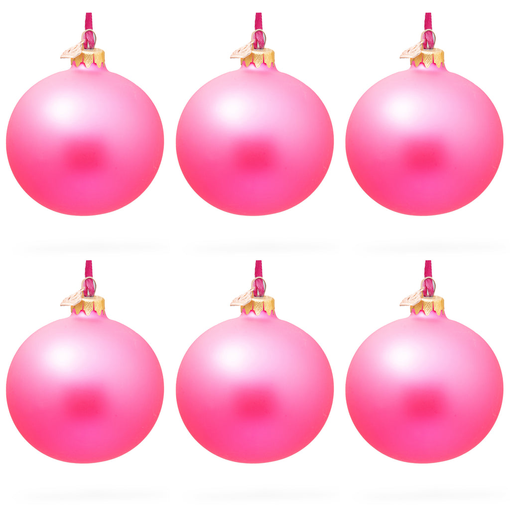 Set of 6 Solid Pink Glass Ball Christmas Ornaments 3.25 Inches in Pink color Round