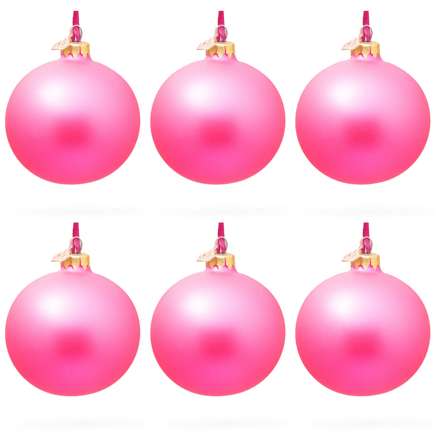 Set of 6 Solid Pink Glass Ball Christmas Ornaments 3.25 Inches in Pink color Round