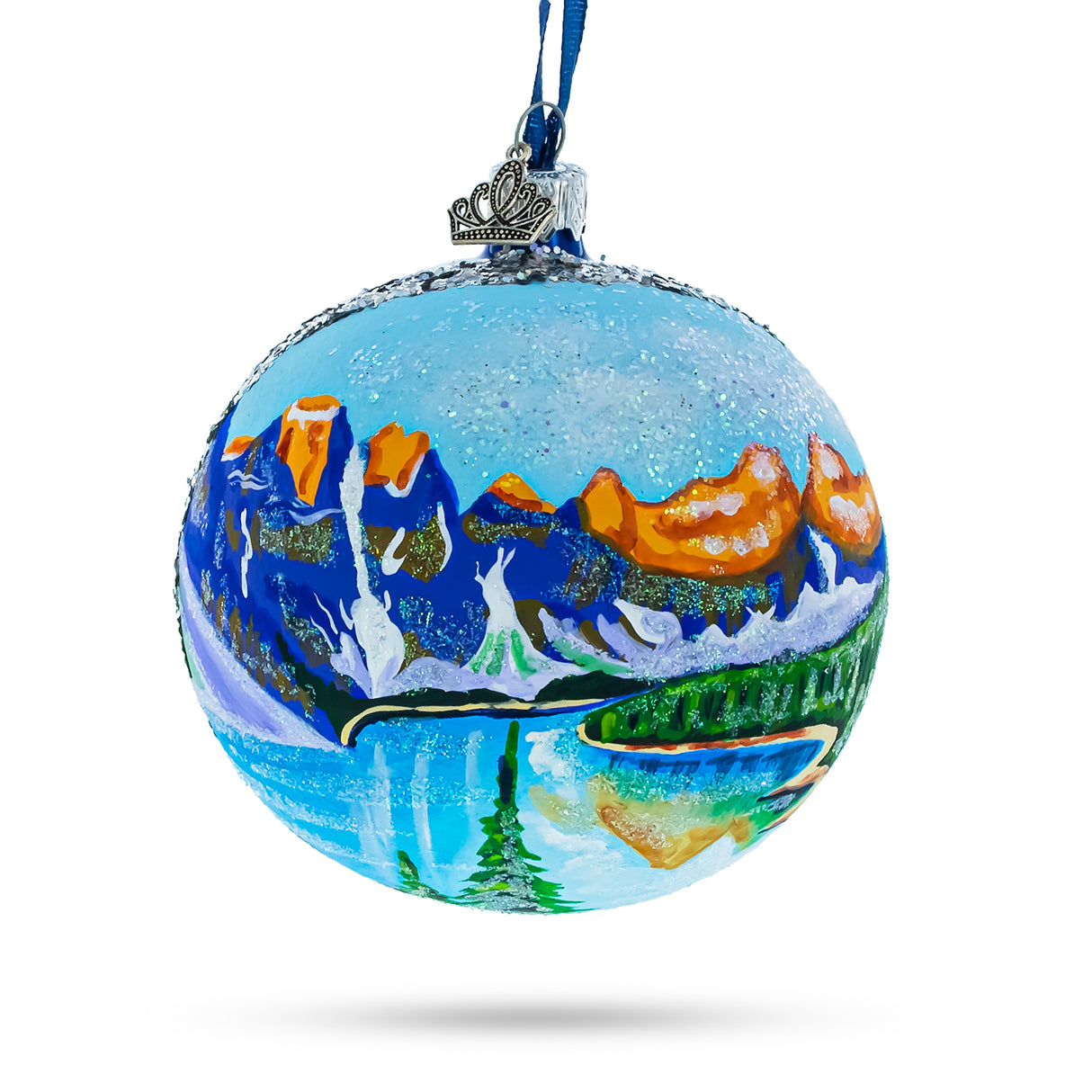 Moraine Lake, Alberta Province, Canada Glass Ball Christmas Ornament 4 Inches in Multi color, Round shape