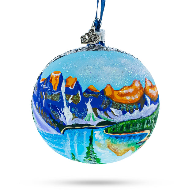 Glass Moraine Lake, Alberta Province, Canada Glass Ball Christmas Ornament 4 Inches in Multi color Round