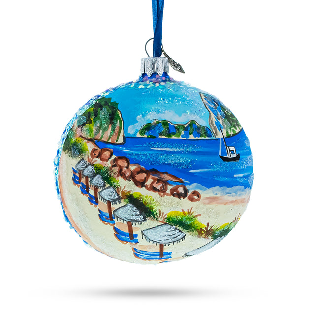 Beach at Ibiza, Spain Glass Ball Christmas Ornament 4 Inches in Multi color, Round shape