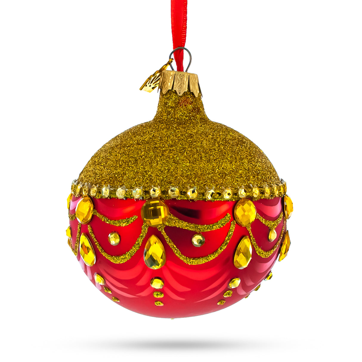 Radiant Elegance: Glittered Golden Top Red Bottom Blown Glass Ball Christmas Ornament 3.25 Inches in Red color, Round shape