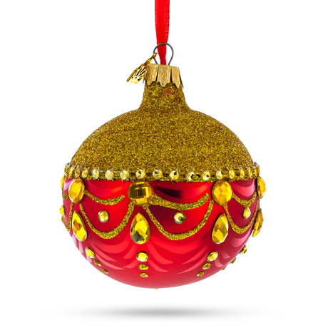 Glass Radiant Elegance: Glittered Golden Top Red Bottom Blown Glass Ball Christmas Ornament 3.25 Inches in Red color Round