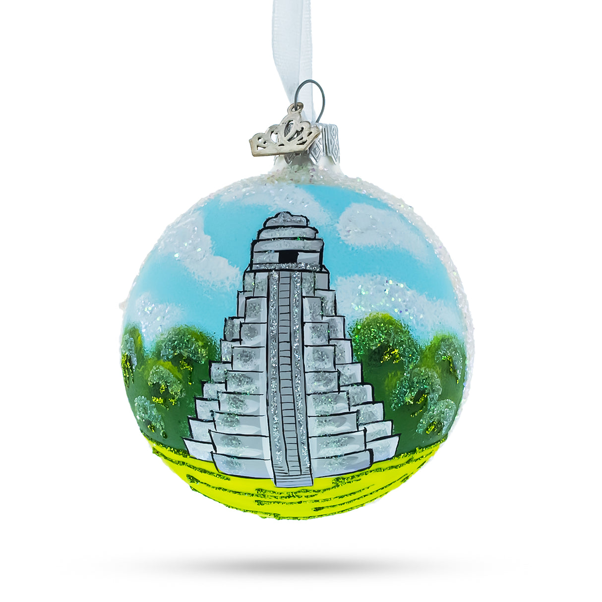 Tikal, Guatemala Glass Ball Christmas Ornament 3.25 Inches in Multi color, Round shape
