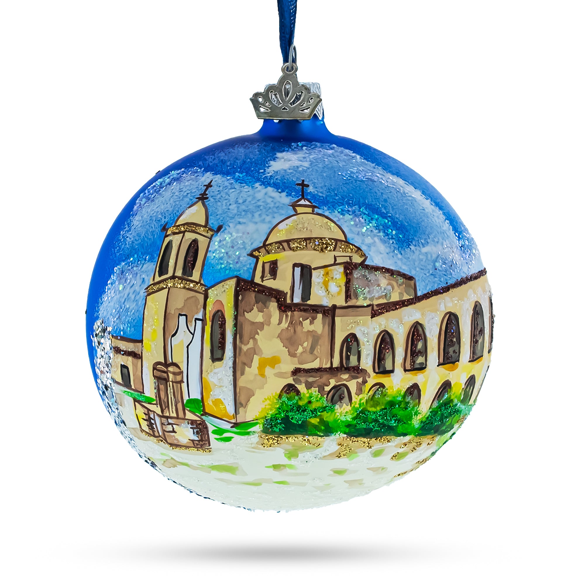 Mission San Jose, San Antonio, Texas Glass Ball Christmas Ornament 4 Inches in Multi color Round