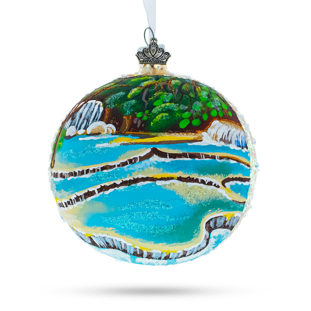 Kuang Si Waterfall, Laos Glass Ball Christmas Ornament 4 Inches in Multi color, Round shape