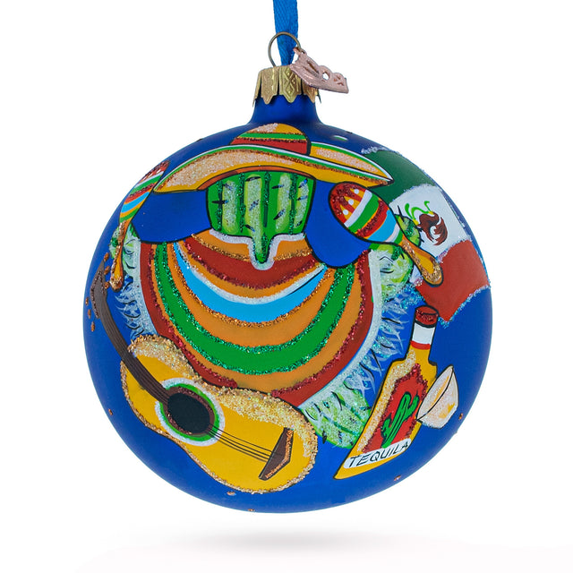 Mexico Glass Ball Christmas Ornament 4 Inches in Blue color, Round shape