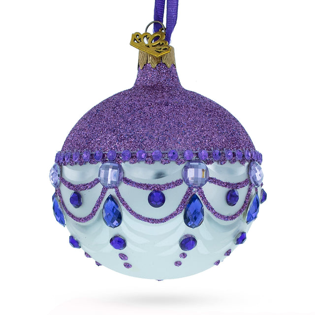 Sparkling Elegance: Glittered Purple Top White Bottom Blown Glass Ball Christmas Ornament 3.25 Inches in Purple color, Round shape