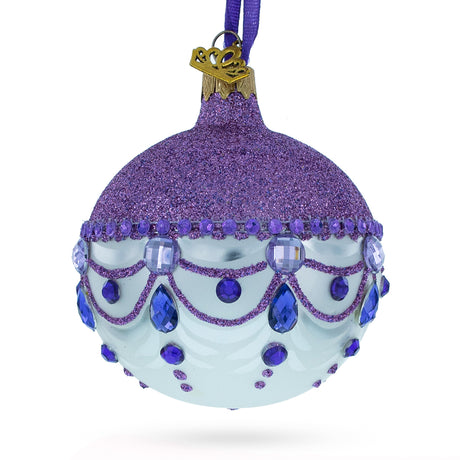 Glass Sparkling Elegance: Glittered Purple Top White Bottom Blown Glass Ball Christmas Ornament 3.25 Inches in Purple color Round