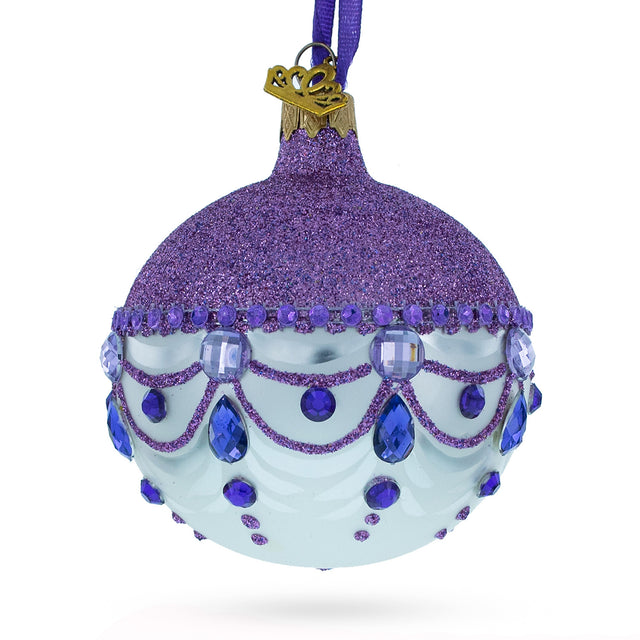 Glittered Purple Top Glass Ball Christmas Ornament 3.25 Inches in Purple color Round