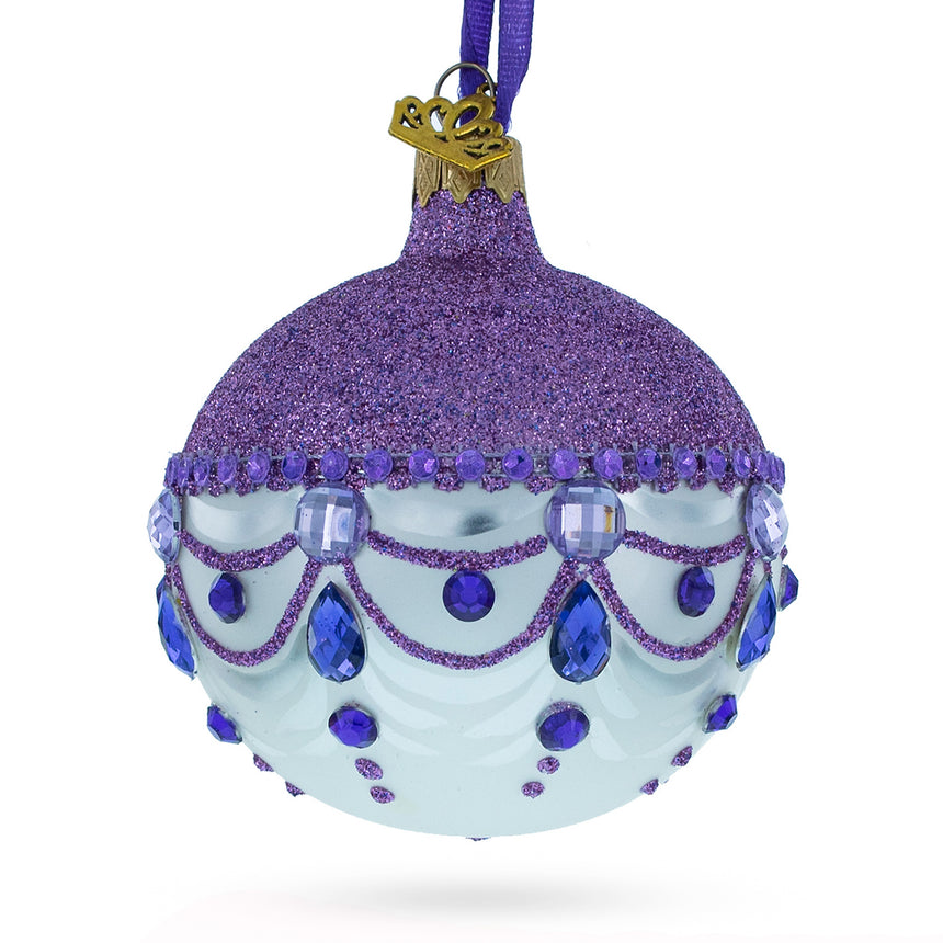 Glittered Purple Top Glass Ball Christmas Ornament 3.25 Inches in Purple color Round