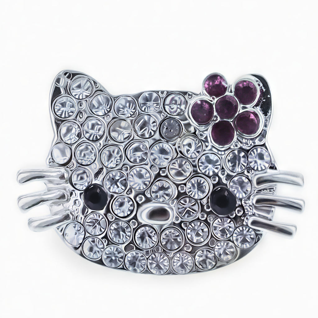 Sparkly Crystal Cat Face Kitty with Bow Brooch Pin in Silver color
