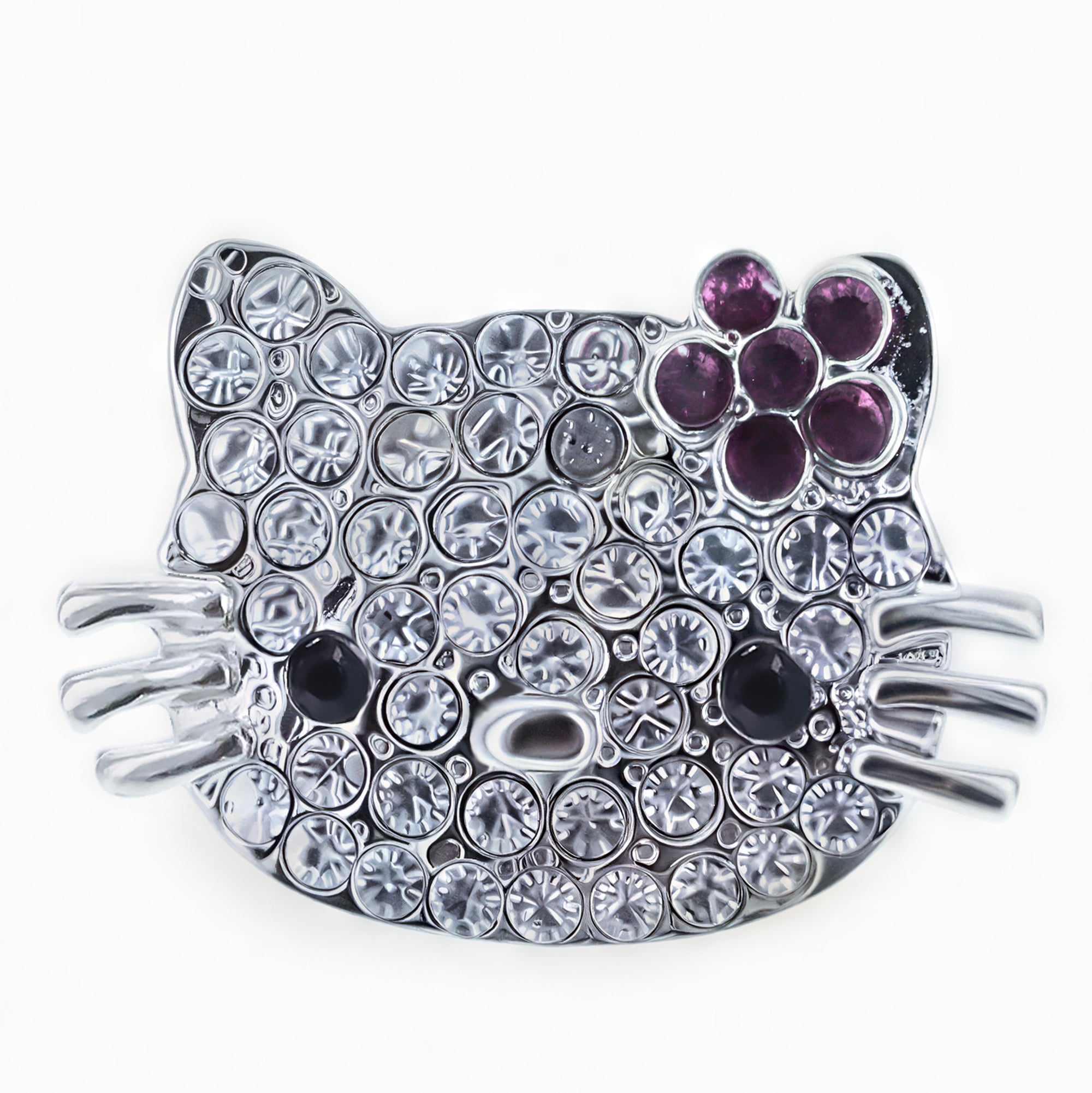 Sparkly Crystal Cat Face Kitty with Bow Brooch Pin in Silver color