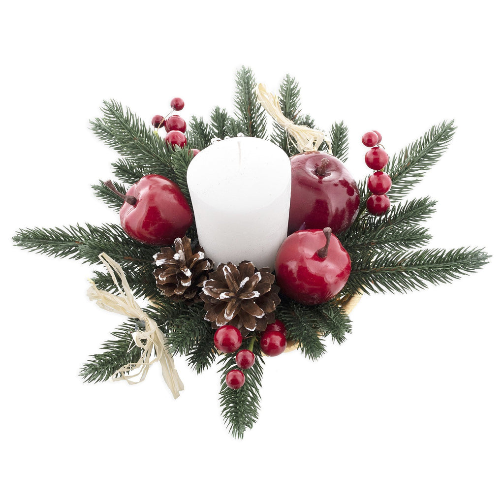 Ukrainian Candle Holder with Straw Bow, Apples & Pine Cones 16 Inches in Green color