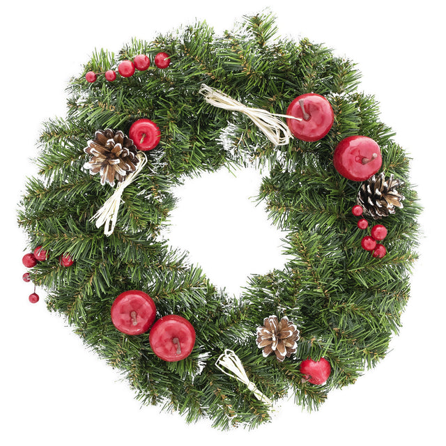 Ukrainian Christmas Wreath w. Frosted Straw Bows, Apples & Pine Cones 16 Inches in Green color, Round shape