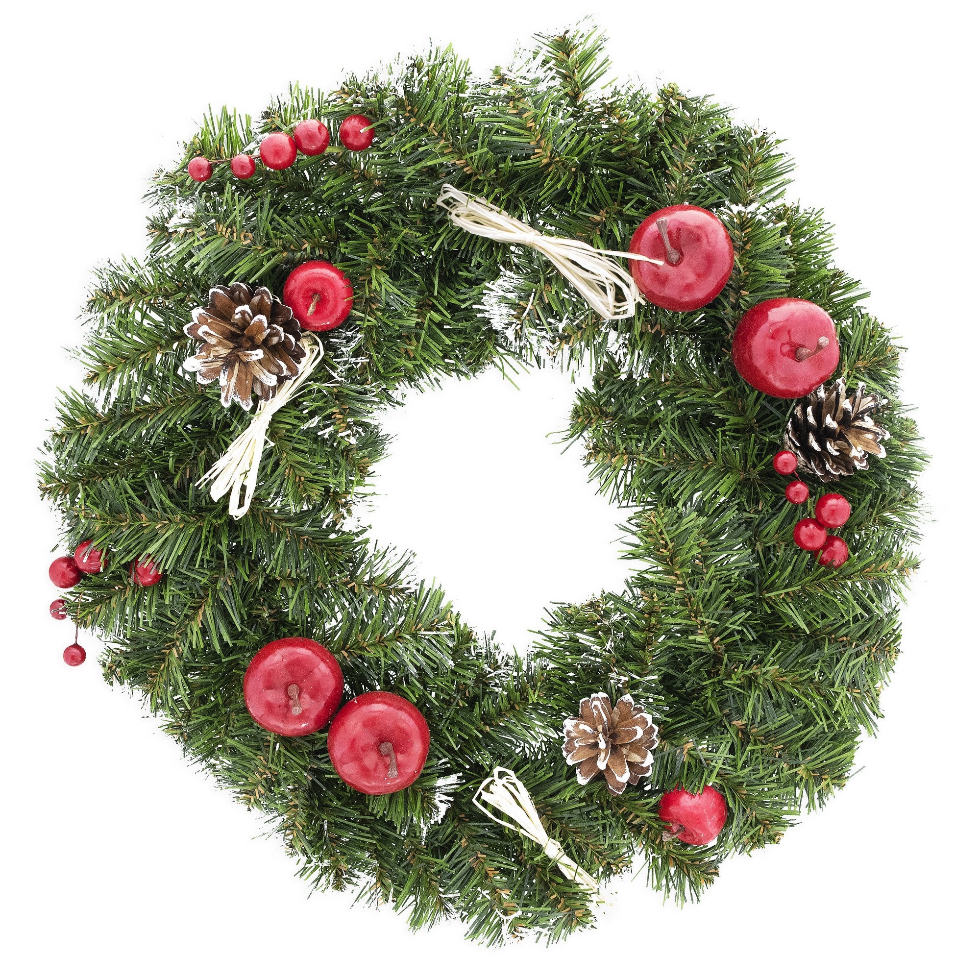 Ukrainian Christmas Wreath w. Frosted Straw Bows, Apples & Pine Cones 16 Inches in Green color Round