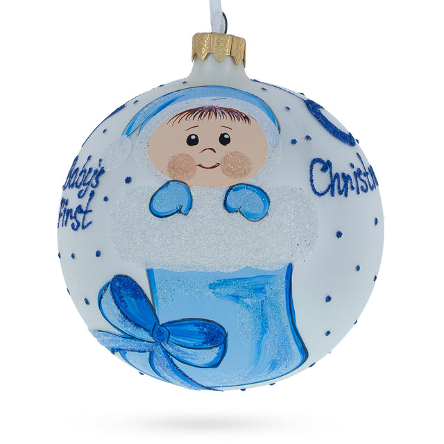 Adorable Boy Snuggled in a Christmas Stocking Blown Glass Ball Baby's First Christmas Ornament 4 Inches in White color, Round shape