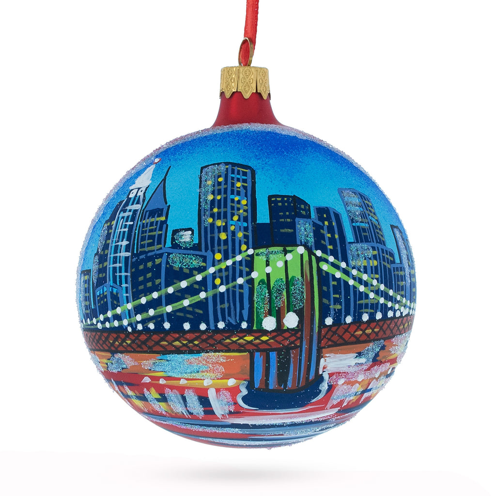 Glass Brooklyn Bridge, New York Glass Ball Christmas Ornament 4 Inches in Blue color Round