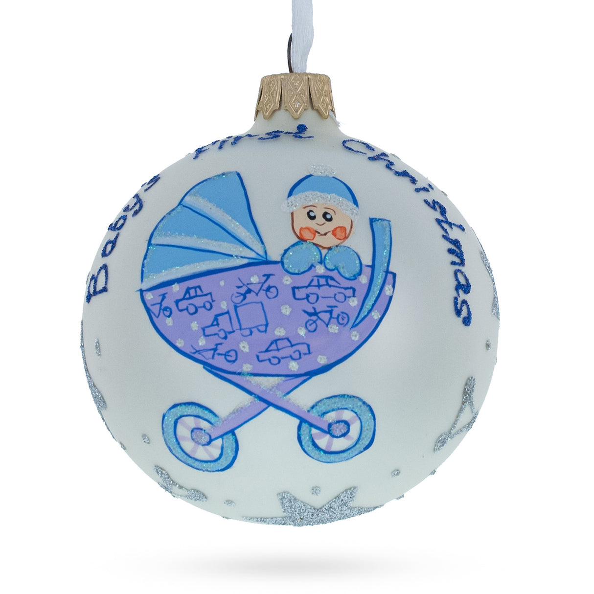 Cherubic Boy in Cozy Stroller Blown Glass Ball Baby's First Christmas Ornament 3.25 Inches in White color, Round shape