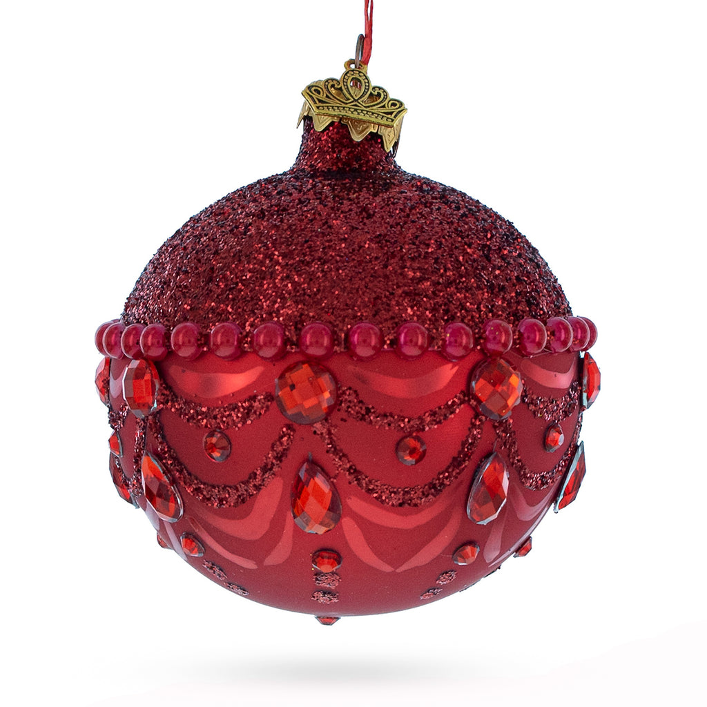 Bejeweled Chandelier Design on Red  Glass Ball Christmas Ornament 3.25 Inches in Red color Round