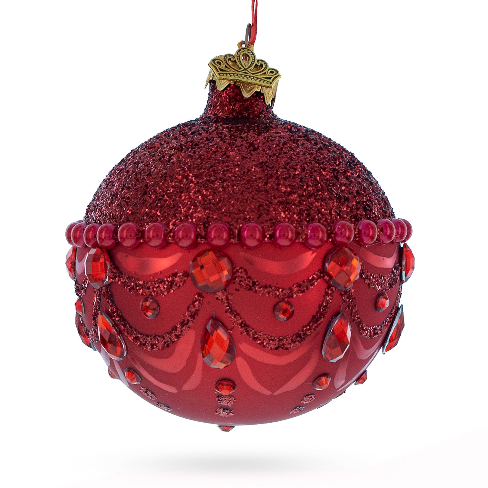 Bejeweled Chandelier Design on Red  Glass Ball Christmas Ornament 3.25 Inches in Red color Round