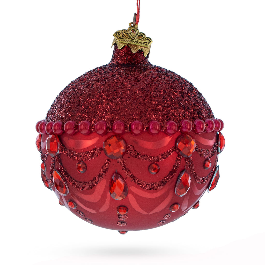 Opulent Elegance: Sparkling Bejeweled Chandelier Design on Luxurious Ruby Red Hand-Painted Blown Glass Ball Christmas Ornament 3.25 Inches in Red color, Round shape