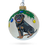 Cheerful Rottweiler Dog Captured in Blown Glass Ball Christmas Ornament 3.25 Inches in White color, Round shape